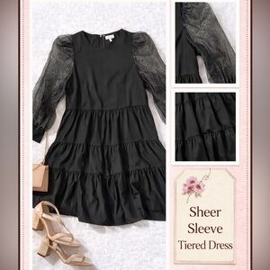 TCEC Black Sheer Sleeve Tiered Dress – Size Large – Statement Sleeve